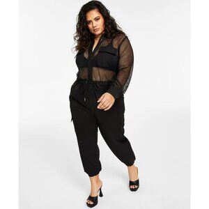 Nina Parker Trendy Plus Size Mesh-Top Black Jumpsuit Size 20W Zipper Tie Waist